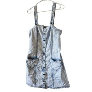 Black Heart Med Acid Washed Denim Dress Heart Pockets Adjustable Full Button